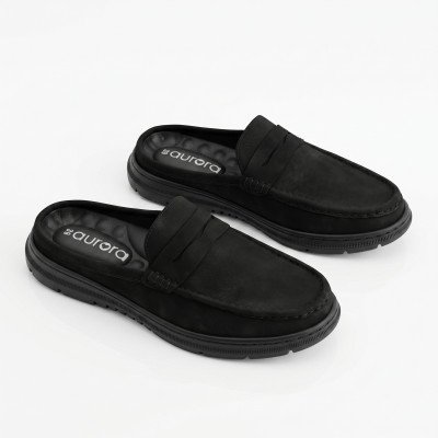 Aurora Men Premium NuBuck Leather Half Loafer Black