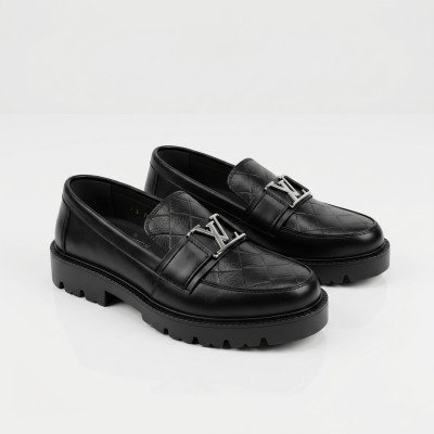 Luxury Textured Leather Loafers with Bold Metal Accent & Chunky Grip Sole - Black