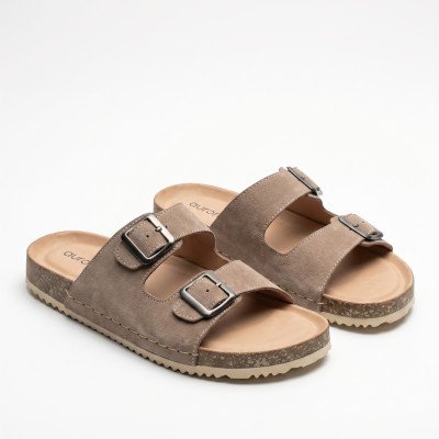 Men’s Classic Suede Cork Sandals – Adjustable Buckle Comfort Footbed Slippers in Brown