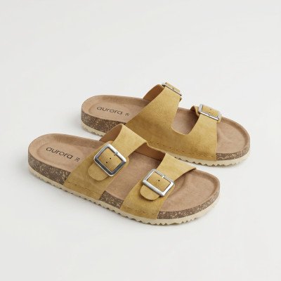 Men’s Classic Suede Cork Sandals – Adjustable Buckle Comfort Footbed Slippers in Yellow