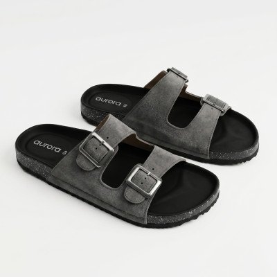 Men’s Classic Suede Cork Sandals – Adjustable Buckle Comfort Footbed Slippers in Ash