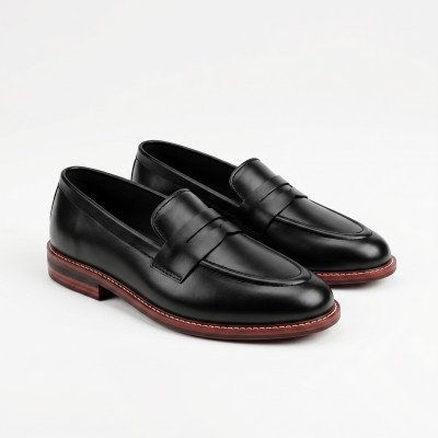 Penny Loafer in Black Natural Cow Leather with Leather Sole