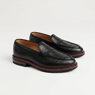 Penny Loafer in Black Natural Milled Leather with Leather Sole