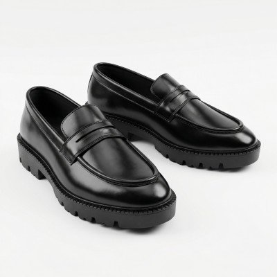Luxury  Leather Loafers with Bold Metal Accent & Chunky Grip Sole - Black